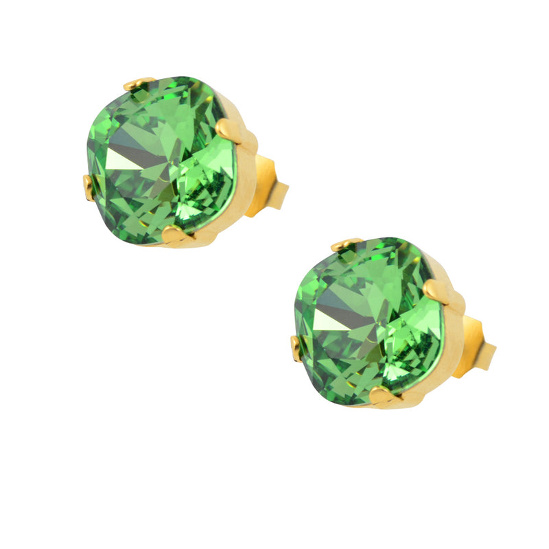 Caroline Heath Round Large Cushion Crystal Leverback Earrings, Silver Plated with Green Crystal