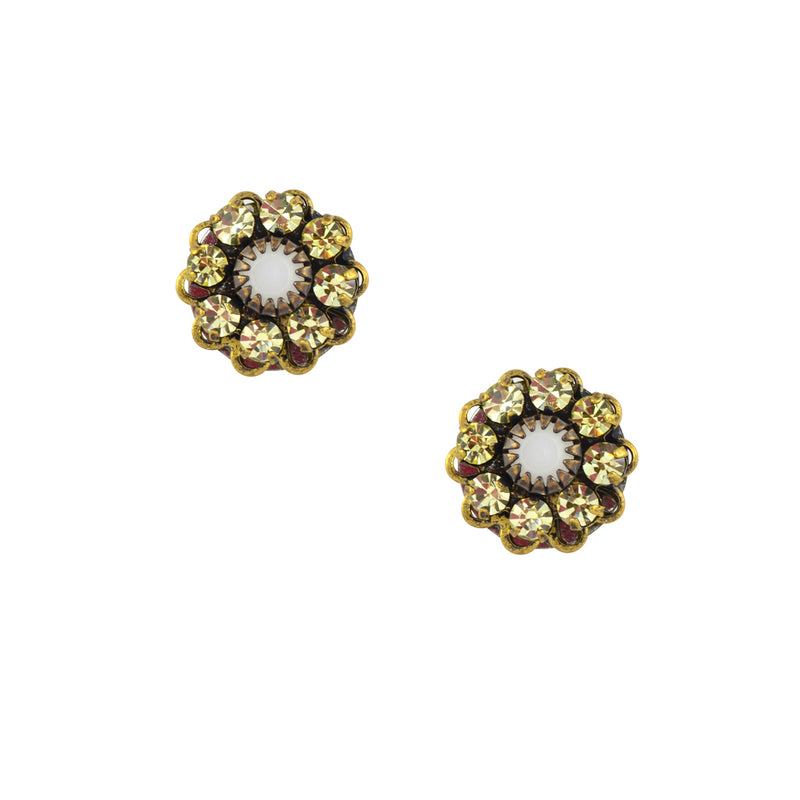 Caroline Heath Crystal Flower Stud Earrings, Antique Brass Posts in Yellow and White