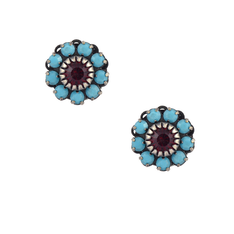 Caroline Heath Crystal Flower Stud Earrings, Antique Silver Plated Posts in Teal and Red