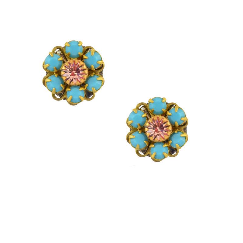 Caroline Heath Crystal Flower Stud Earrings, Gold Plated Posts in Teal and Peach
