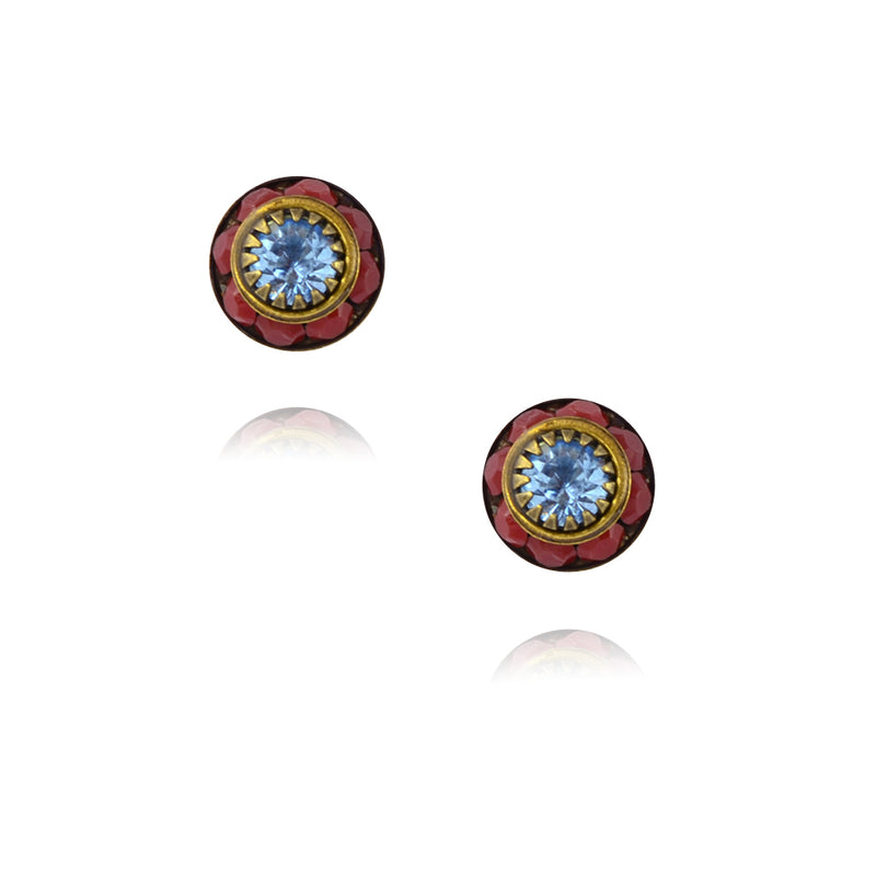 Caroline Heath Small Round Crystal Stud Earrings, Antique Brass Posts in Red/Blue