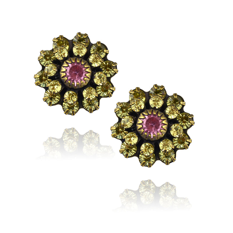 Caroline Heath Crystal Flower Stud Earrings, Antique Brass Posts in Fawn/Pink