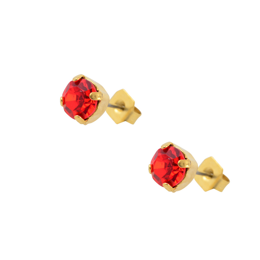Caroline Heath Small Round Crystal Stud Earrings, Gold Plated Post with Fire Red Crystal