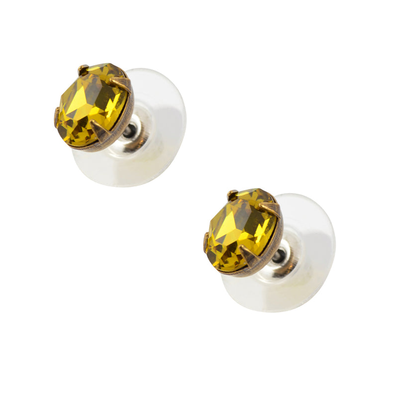 Caroline Heath Small Oval Crystal Stud Earrings, Antique Brass Posts in Yellow
