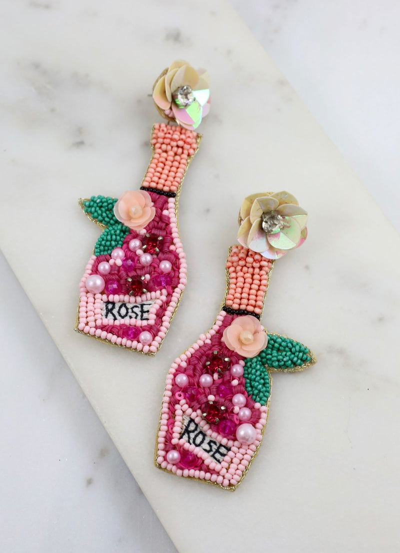 Flowers And Rose Bottle Beaded Earring Pink