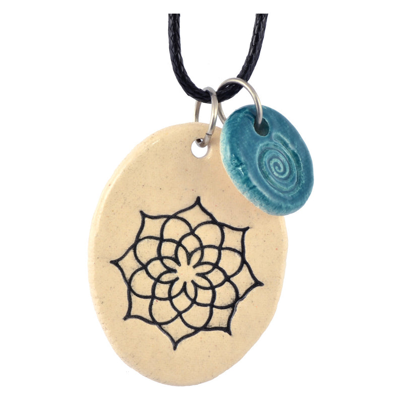 Cheryl Stevens Web Spiral, Kiln Fired Clay Pendant Necklace, Leather Chain, 28"