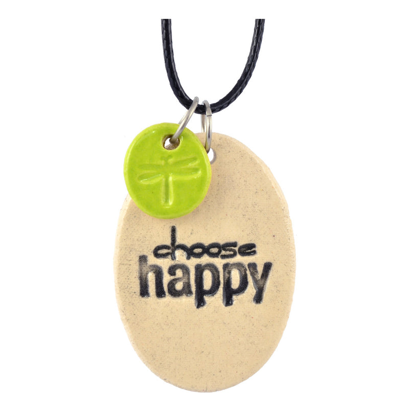 Cheryl Stevens Choose Happy, Kiln Fired Clay Pendant Necklace, Leather Chain, 28"