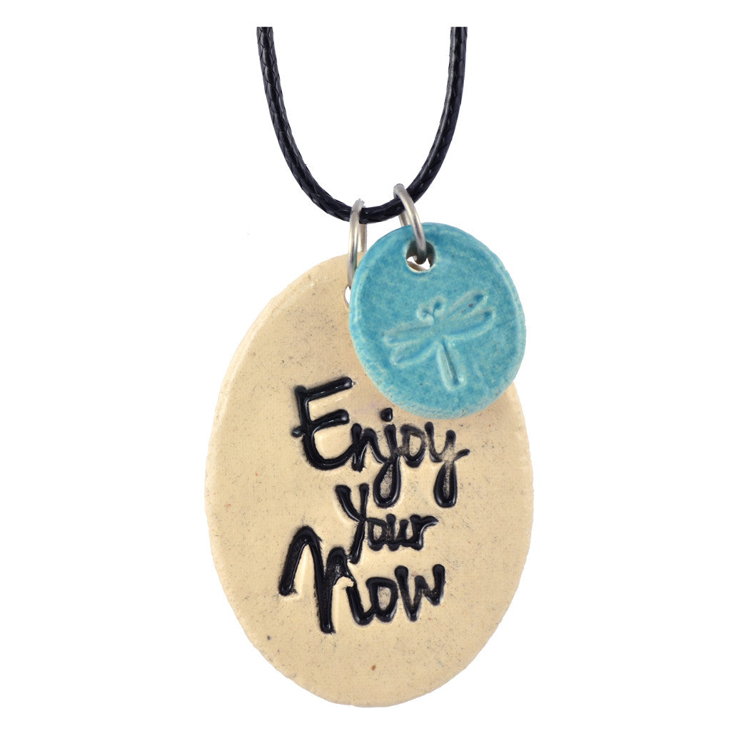 Cheryl Stevens Enjoy Your Now, Kiln Fired Clay Pendant Necklace, Leather Chain, 28"