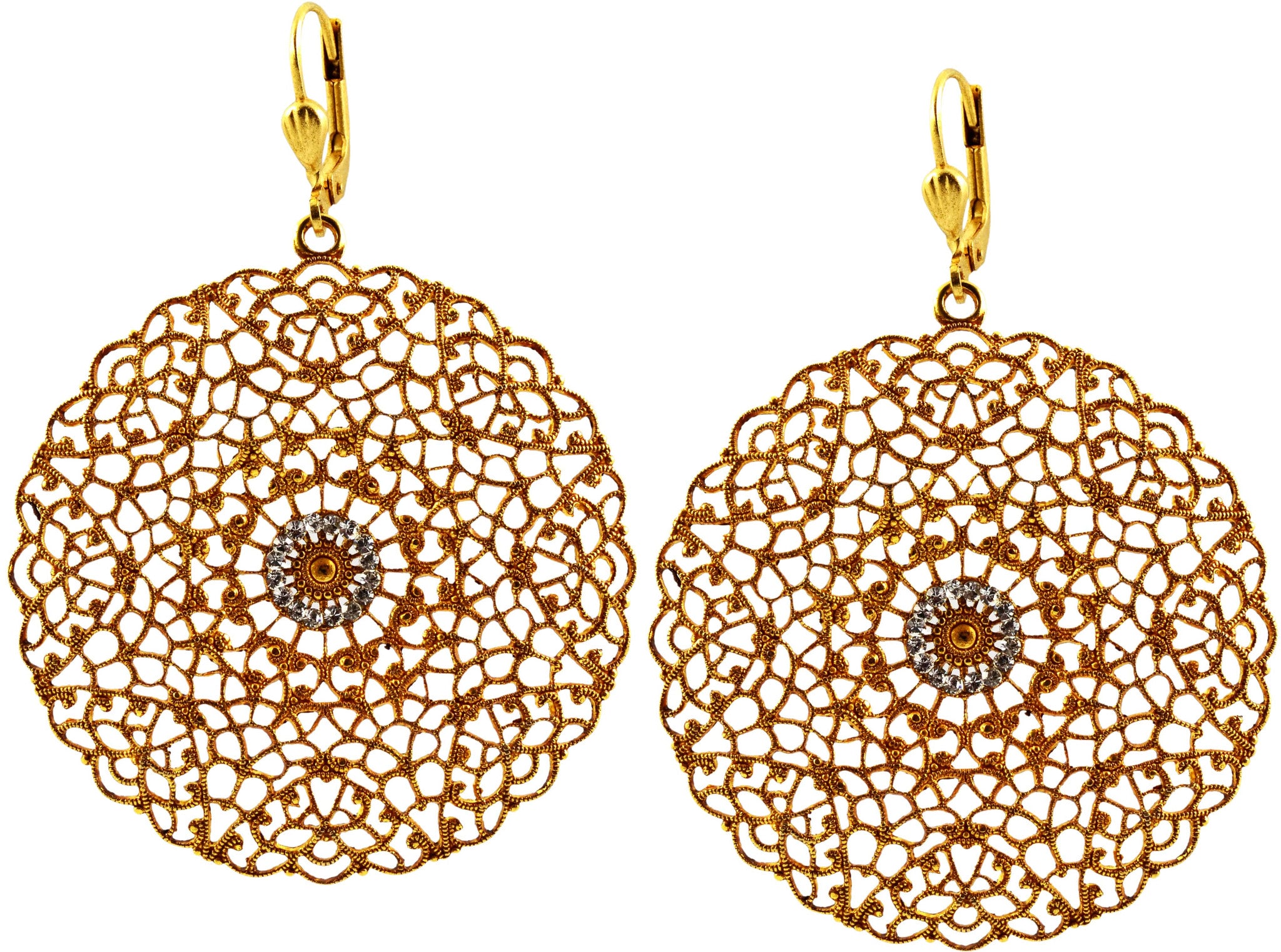 Catherine Popesco Gold Plated Round Cutout Filigree Dangle Earrings with crystal