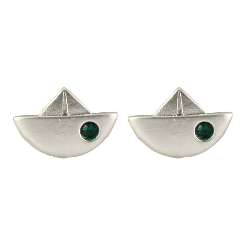 Enreverie Earrings, Lightweight Silver Plated Boat Stud Earrings with Green Crystal