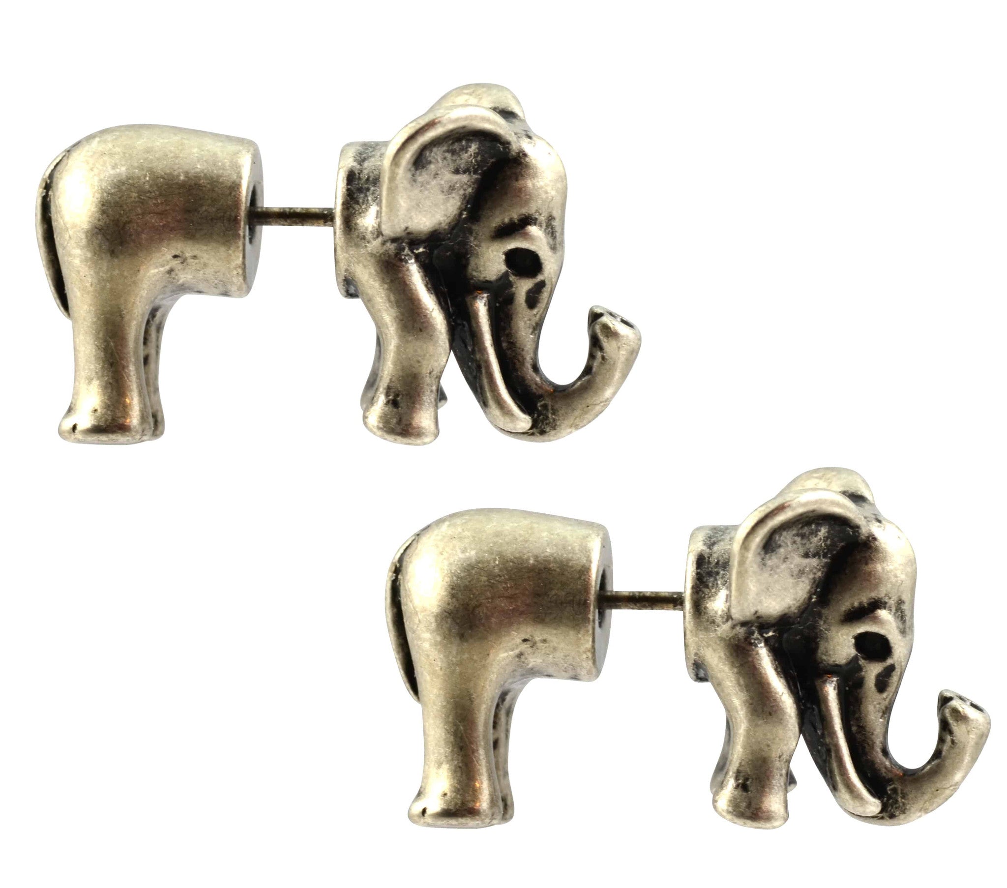 Enreverie Elephant False Gauge Earrings, Antique Silver Plated Stud