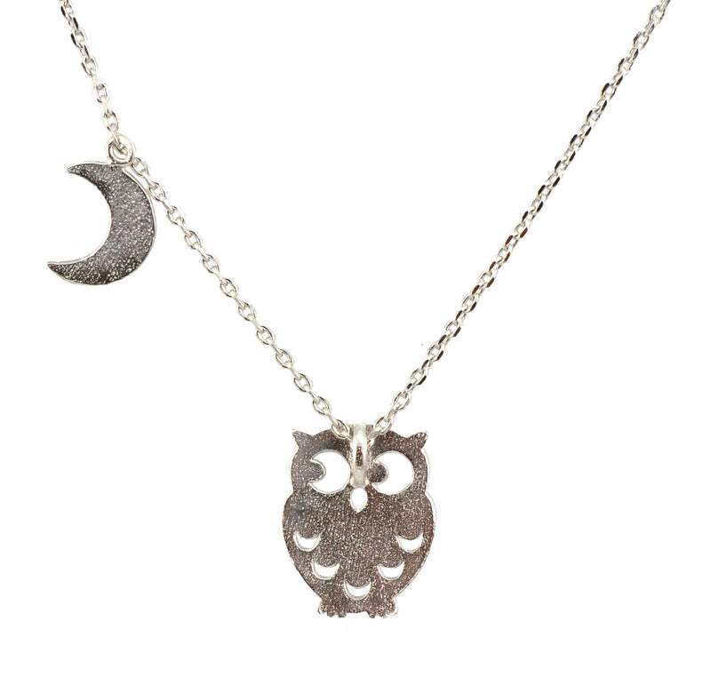Enreverie Owl and Moon Necklace, Silver Plated Pendant