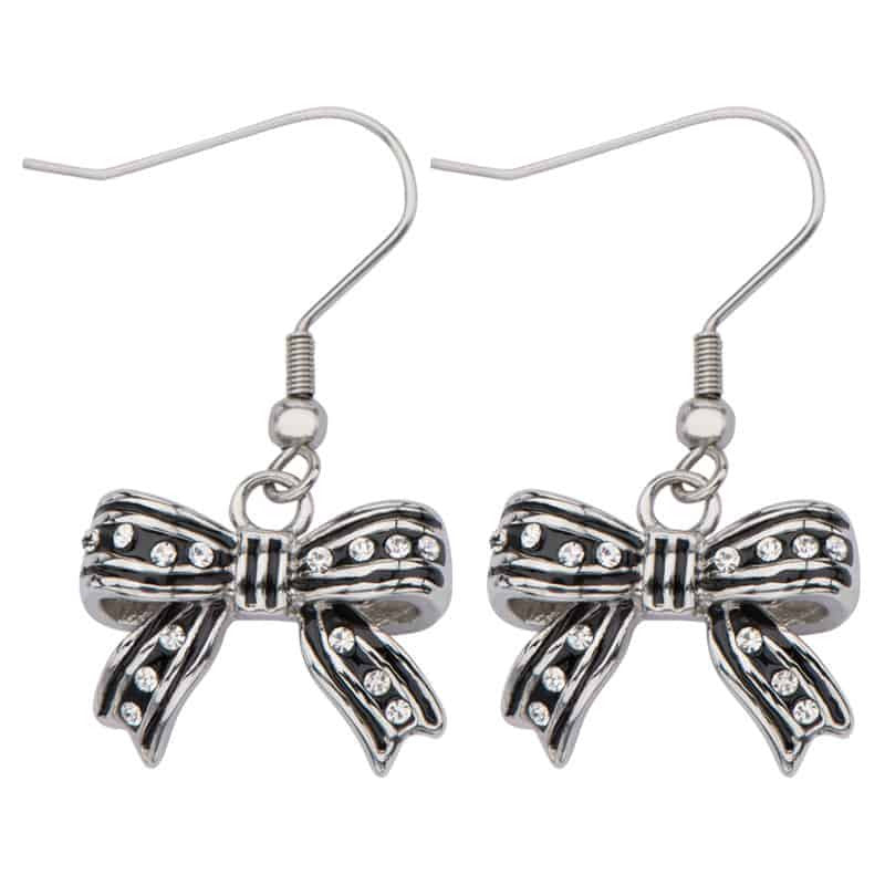 INOX 316L Stainless Steel IP Black Bow Dangle Earrings With CZs