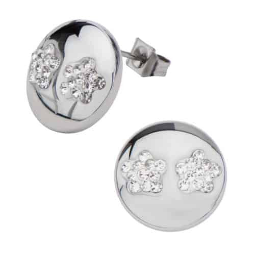 INOX Women's Elisha Collection Stainless Steel Polished Finish Clear Pave Flower Gem Stud Earrings