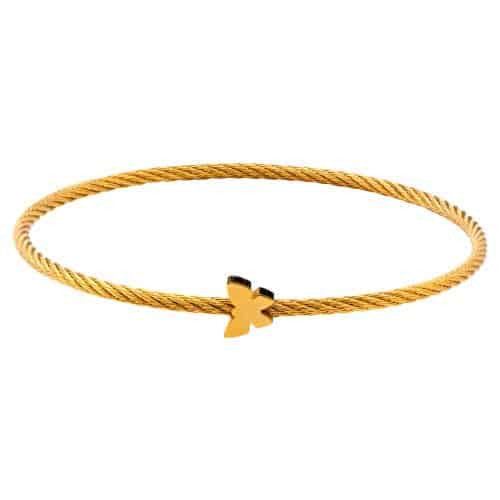 INOX Women's Stainless Steel IP Gold Tone Cable Bangle Bracelet with Butterfly Design at the Center