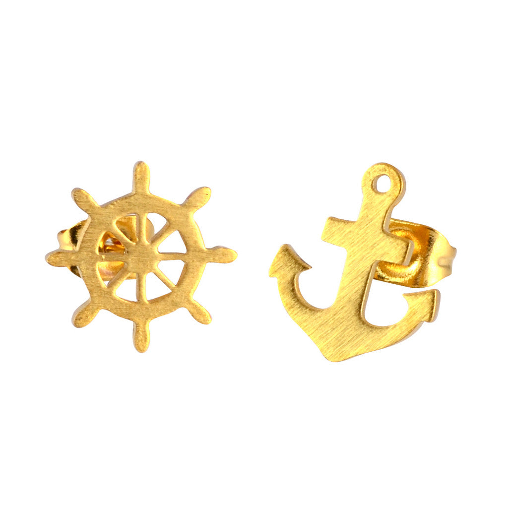 In Your Dreams Anchor and Wheel Mismatched Earrings, Dainty Nautical Studs
