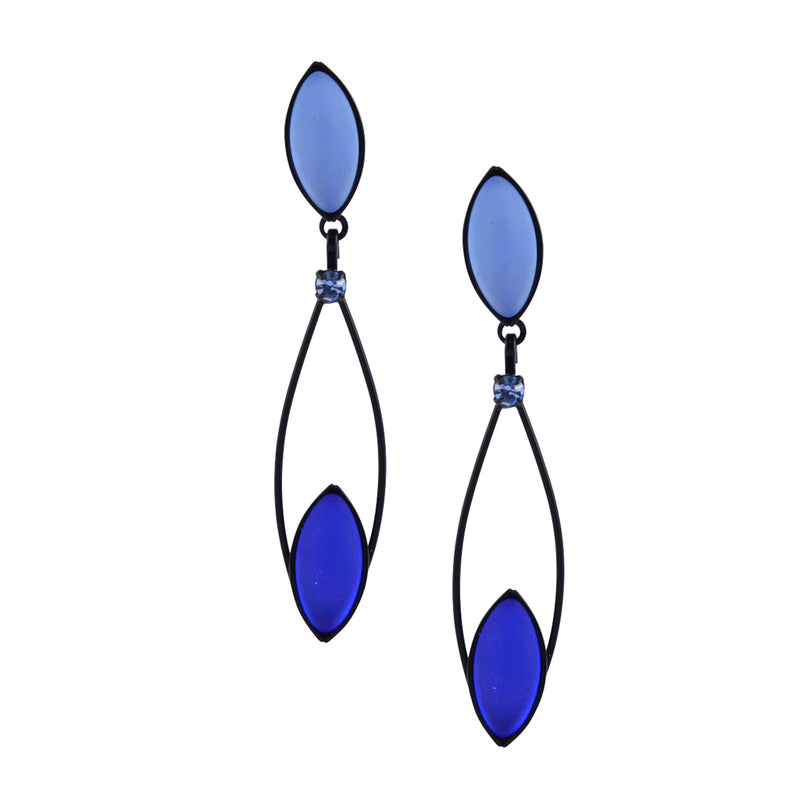 Kristina Collection Leaf Drop Stud Earrings, Blue Czech Glass on Black Memory Wire