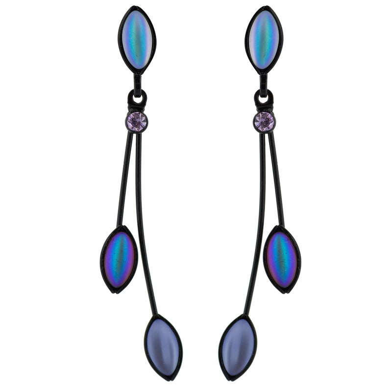 Kristina Collection 2 Branch Leaf Drop Stud Earrings, Purple Czech Glass on Black Memory Wire