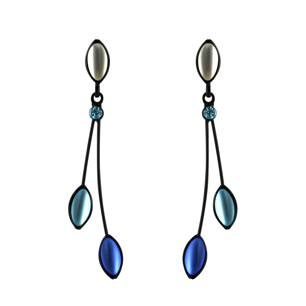 Kristina Collection 2 Branch Leaf Drop Stud Earrings, White and Blue Czech Glass on Black Memory Wire