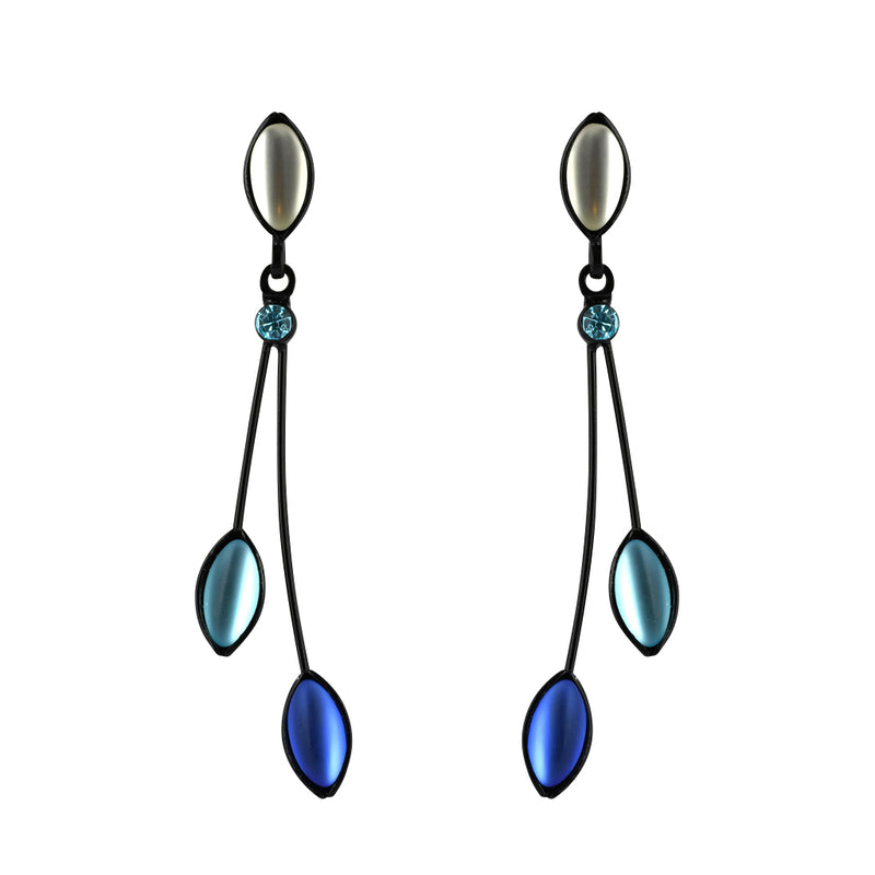 Kristina Collection 2 Branch Leaf Drop Stud Earrings, White and Blue Czech Glass on Black Memory Wire