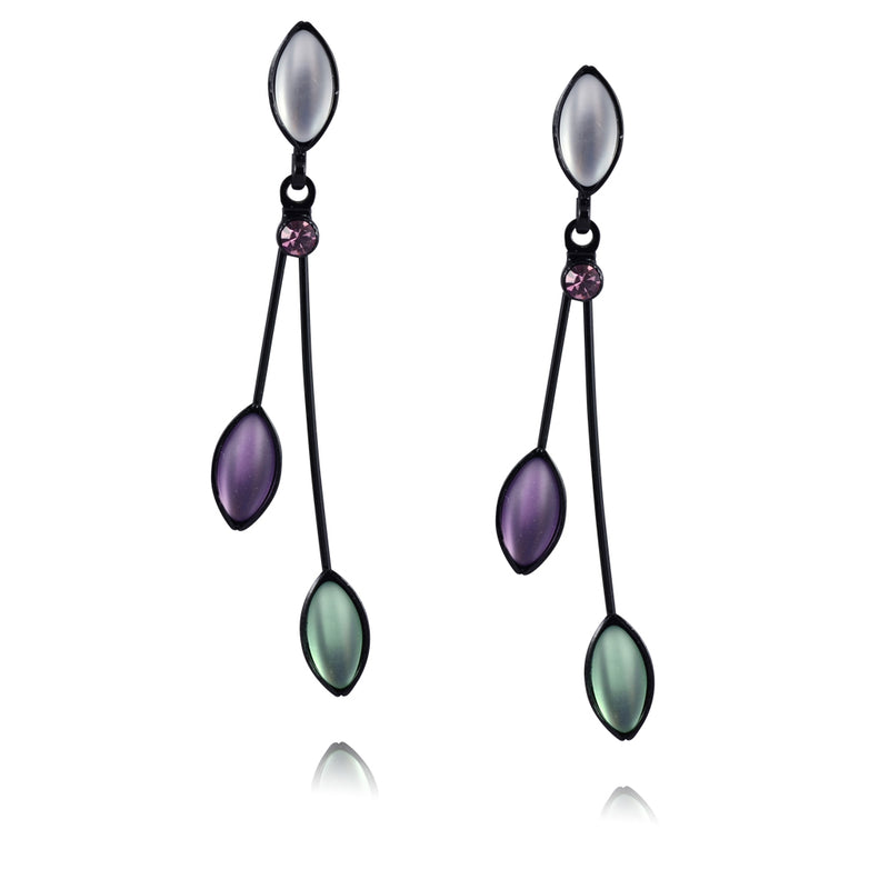 Kristina Collection 2 Branch Leaf Drop Stud Earrings, Purple and Green Czech Glass on Black Memory Wire
