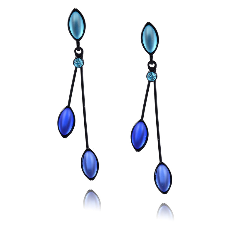 Kristina Collection 2 Branch Leaf Drop Stud Earrings, Blue Czech Glass on Black Memory Wire