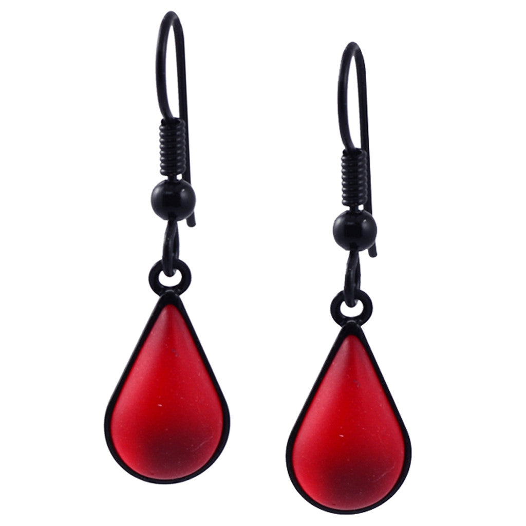 Kristina Collection Water Drop Dangle Earrings, Red Czech Glass on Black Memory Wire
