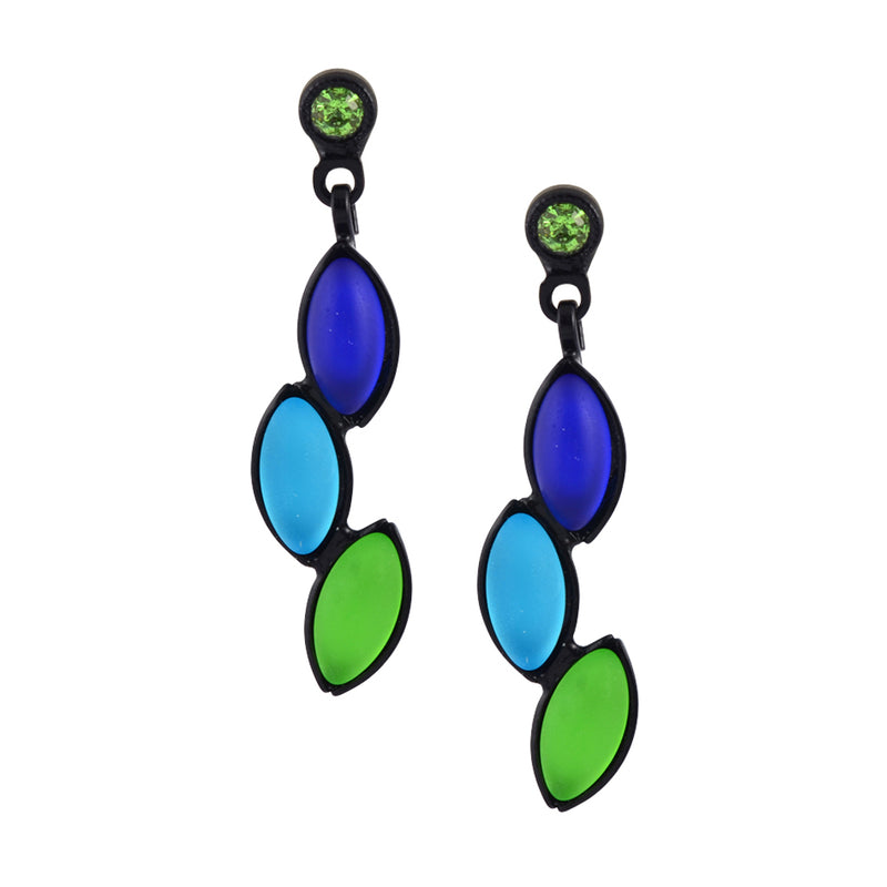 Kristina Collection Leaf Stack Stud Earrings, Blue and Green Czech Glass on Black Memory Wire