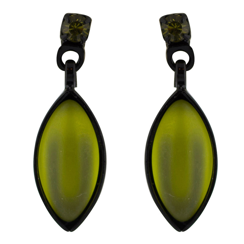 Kristina Collection Leaf Drop Stud Earrings, Olive Czech Glass on Black Memory Wire