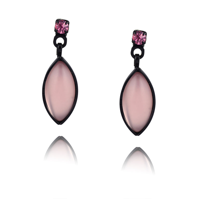 Kristina Collection Leaf Drop Stud Earrings, Pink Czech Glass on Black Memory Wire