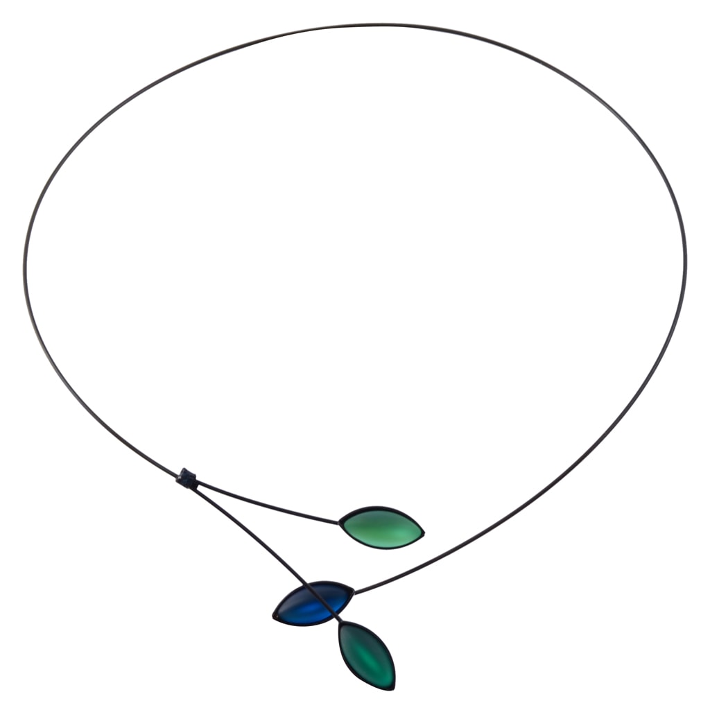 Kristina Collection Leaves and Branches Choker Necklace, Blue and Green Czech Glass on Black Memory Wire