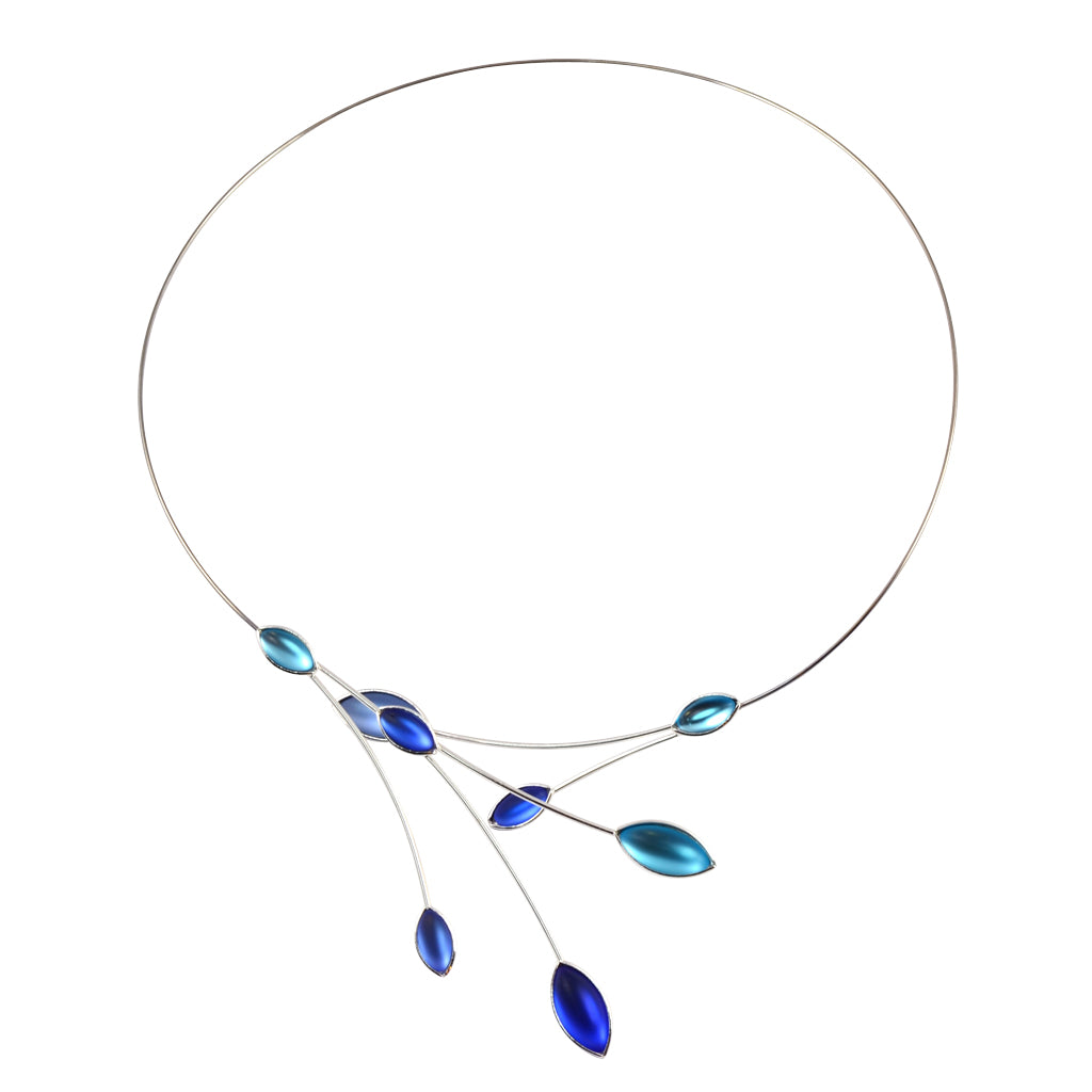 Kristina Collection Leaves and Branches Choker Necklace, Blue Czech Glass on Silvertone Memory Wire