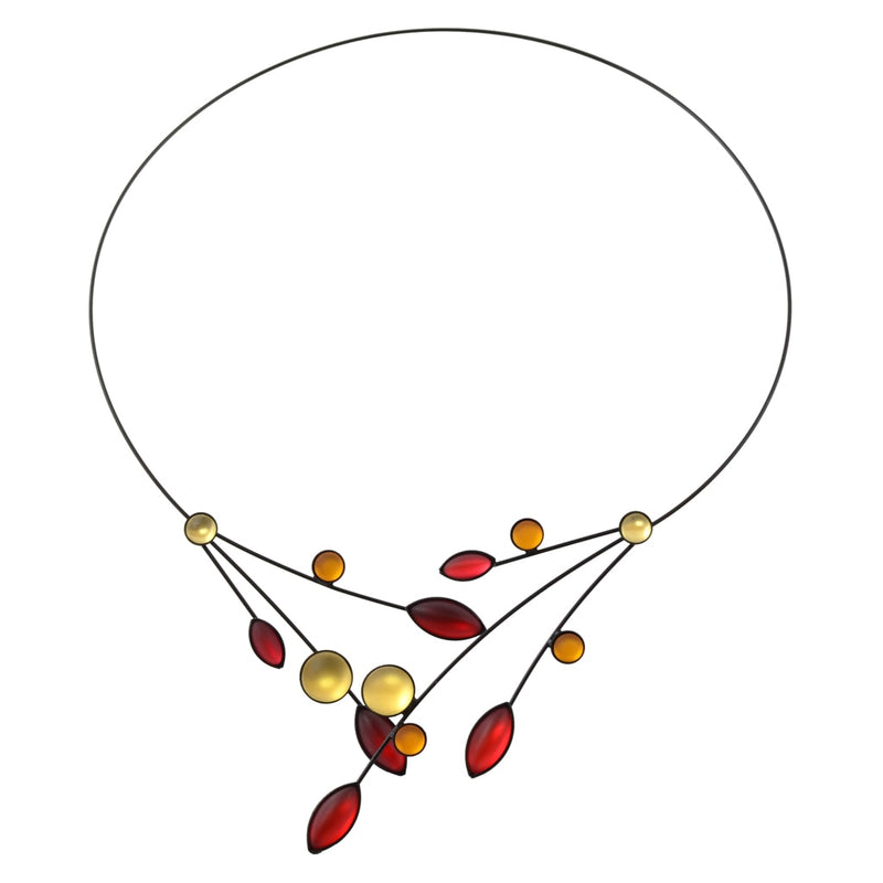 Kristina Collection Leaves and Circles Choker Necklace, Red and Yellow Czech Glass on Black Memory Wire
