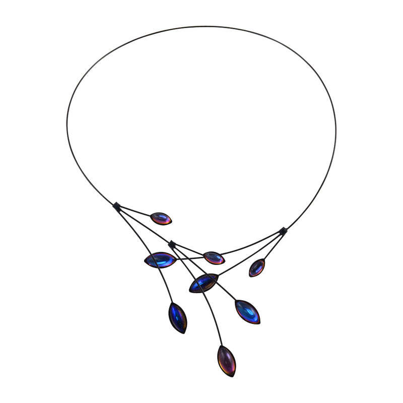 Kristina Collection Leaves and Branches Choker Necklace, Iridescent Purple Czech Glass on Black Memory Wire