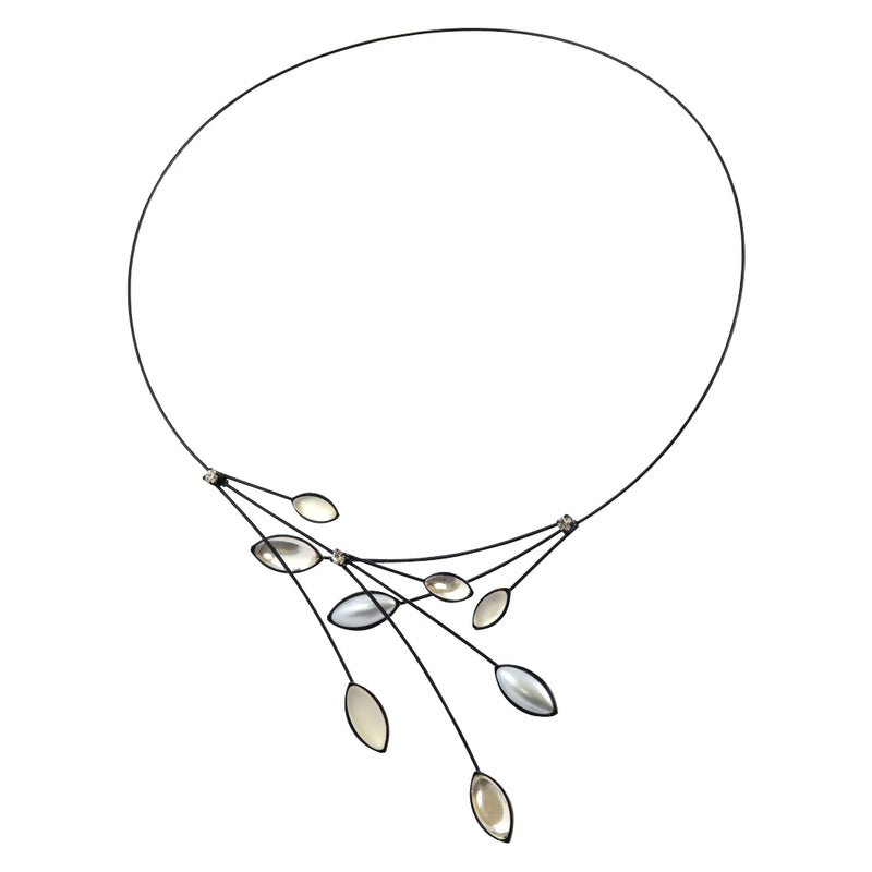 Kristina Collection Leaves and Branches Choker Necklace, Clear and White Opaque Czech Glass on Black Memory Wire