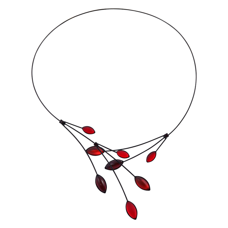 Kristina Collection Leaves and Branches Choker Necklace, Red Czech Glass on Black Memory Wire