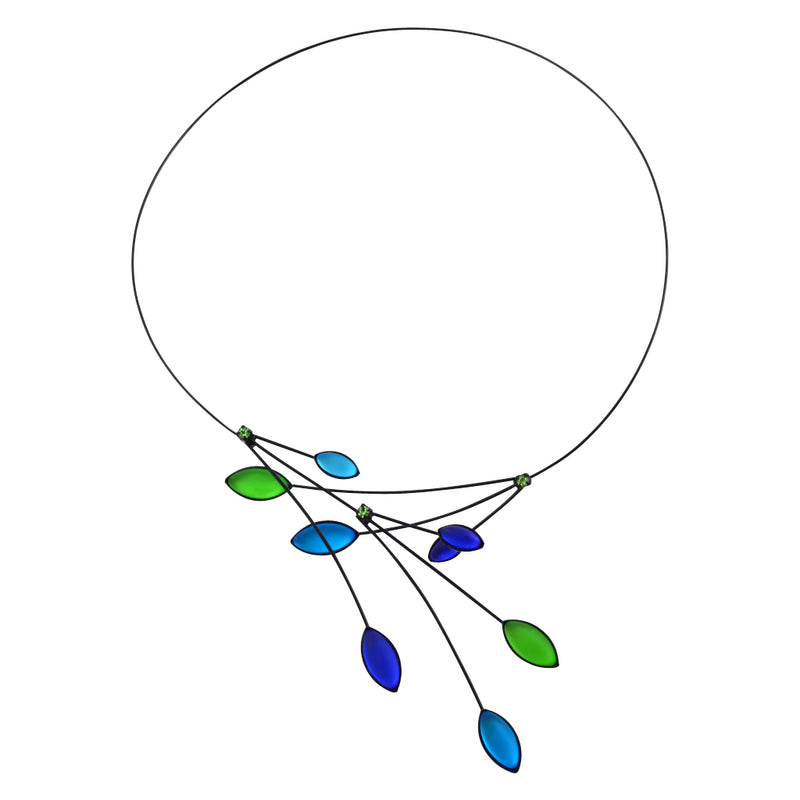 Kristina Collection Leaves and Branches Choker Necklace, Blue and Green Czech Glass on Black Memory Wire