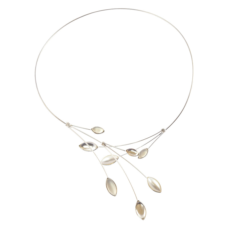 Kristina Collection Leaves and Branches Choker Necklace, Clear and White Opaque Czech Glass on Silvertone Memory Wire