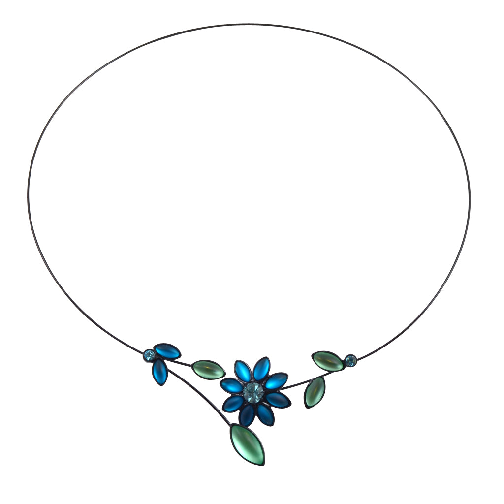 Kristina Collection Open Loop Flower and Buds Choker Necklace, Czech Glass on Memory Wire