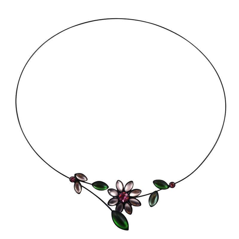 Kristina Collection Open Loop Flower and Buds Choker Necklace, Czech Glass on Memory Wire