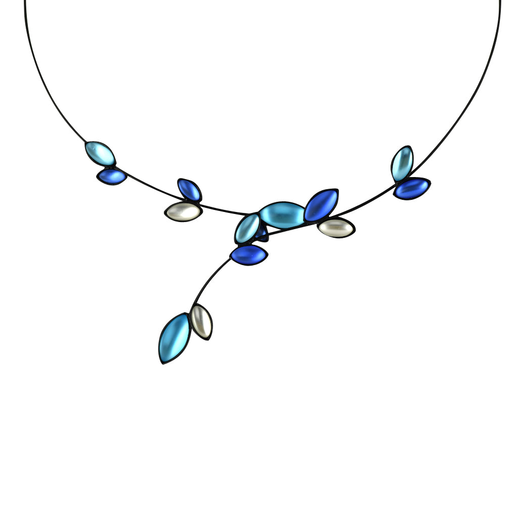 Kristina Collection Leaves and Branches Choker Necklace, Blue Czech Glass on Black Memory Wire