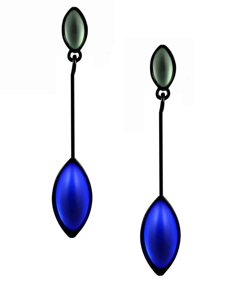 Kristina Collection Leaf Drop Stud Earrings, Blue and Green Czech Glass on Black Memory Wire