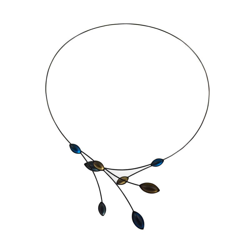 Kristina Collection Open Loop Leaves and Branches Choker Necklace, Blue and Fawn Czech Glass on Black Memory Wire