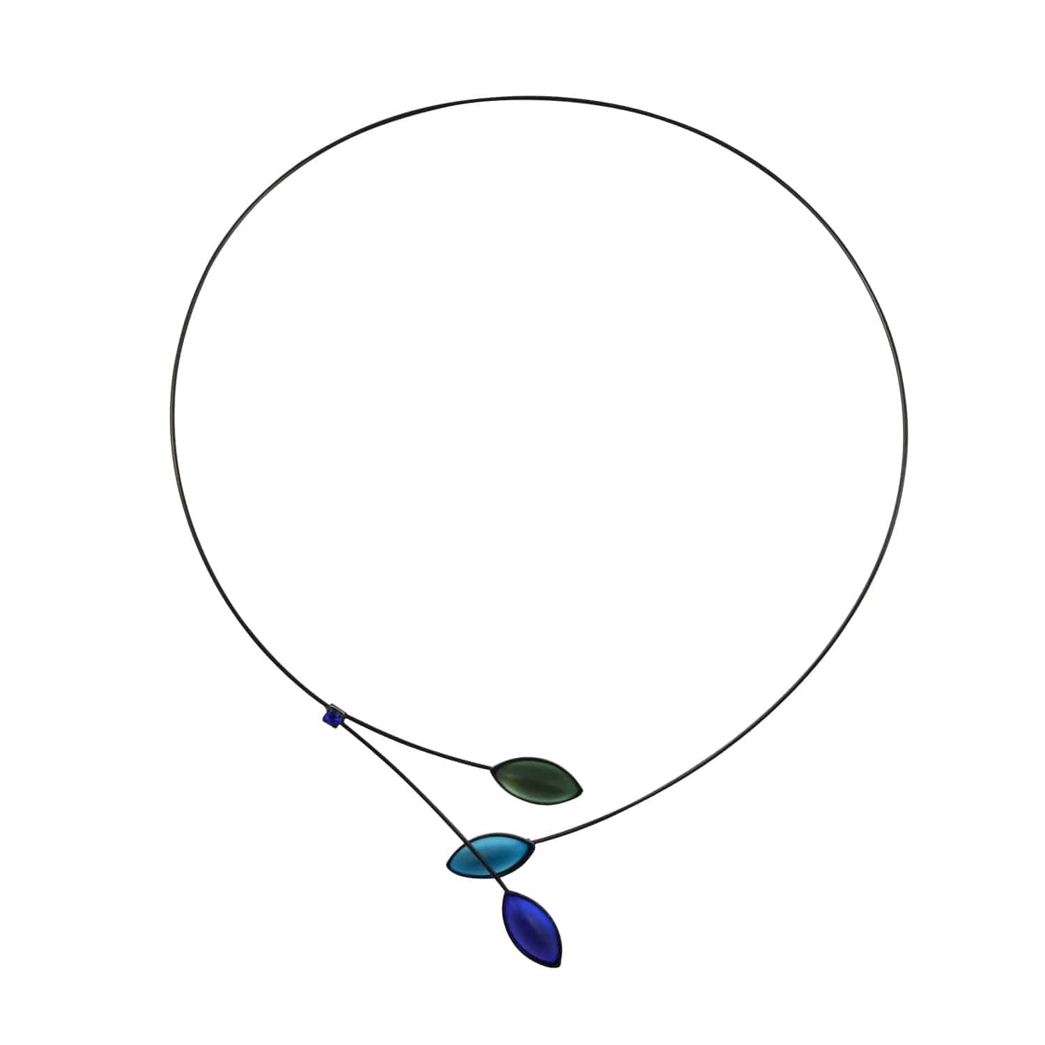 Kristina Collection Open Loop Leaves and Branches Choker Necklace, Blue and Green Czech Glass on Black Memory Wire