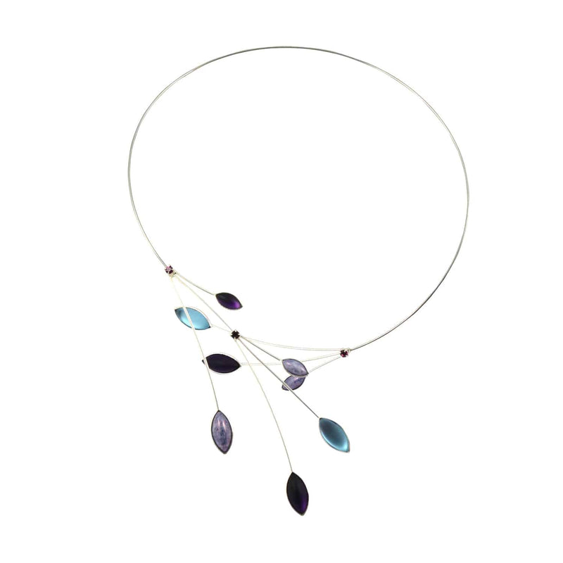 Kristina Collection Open Loop Leaves and Branches Choker Necklace, Purple Czech Glass on Silvertone Memory Wire