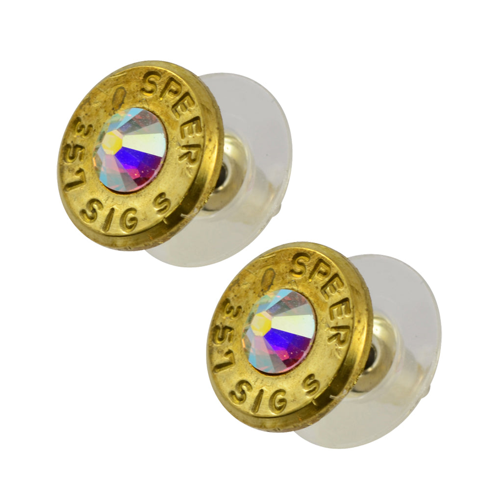 Little Black Gun 357 Sig Bullet Shell Stud Earrings, Thin Brass and Aurora Boreale Crystal