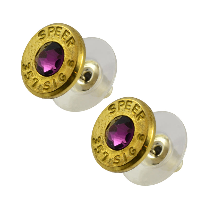 Little Black Gun 357 Sig Bullet Shell Stud Earrings, Thin Brass and Purple Crystal