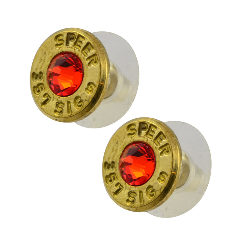 Little Black Gun 357 Sig Bullet Shell Stud Earrings, Thin Brass and Vivid Red Crystal