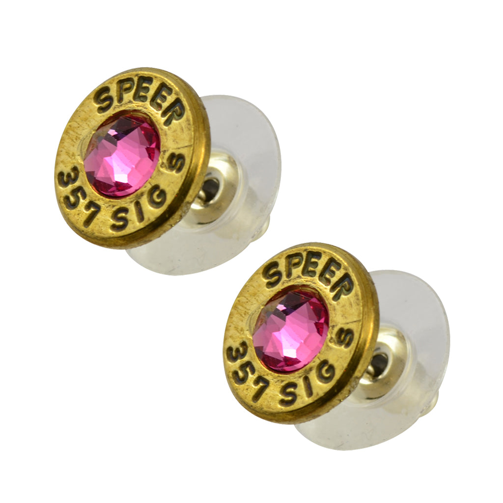 Little Black Gun 357 Sig Bullet Shell Stud Earrings, Thin Brass and Pink Crystal
