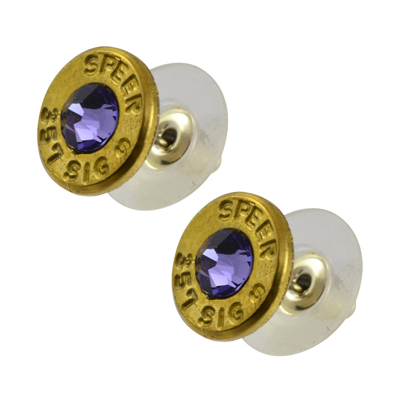Little Black Gun 357 Sig Bullet Shell Stud Earrings, Thin Brass and Blue Purple Crystal